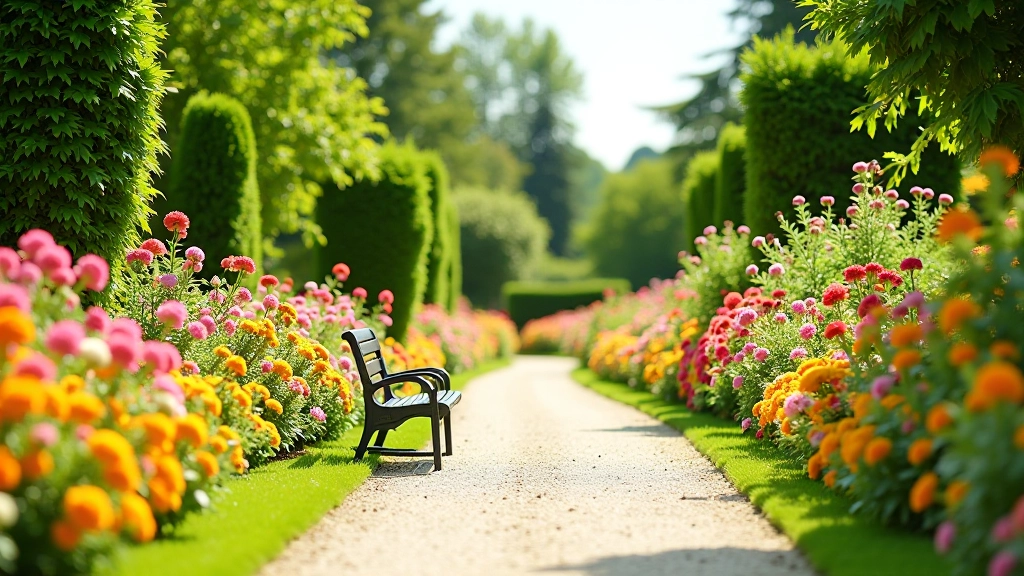 Ornamental flower gardens with colorful blooms and walking paths