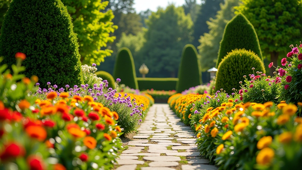 Colorful flower beds in Kroměříž ornamental gardens with stone pathways and flowering shrubs