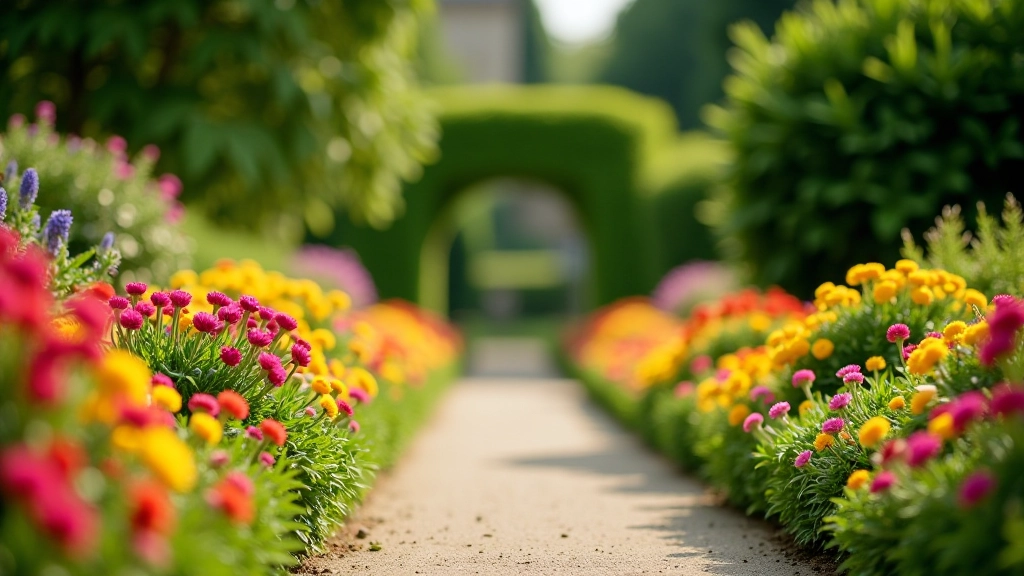 Colorful ornamental flower gardens with beds of blooming flowers, manicured pathways, and flowering shrubs in a formal garden setting