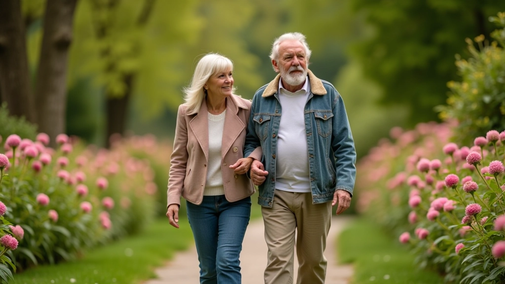Senior couple walking through ornamental flower gardens on a sunny day