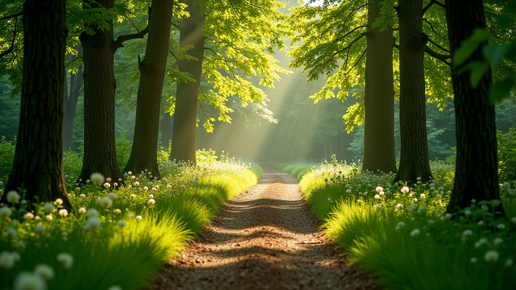 Forest woodland path with soft ground cover and dappled sunlight