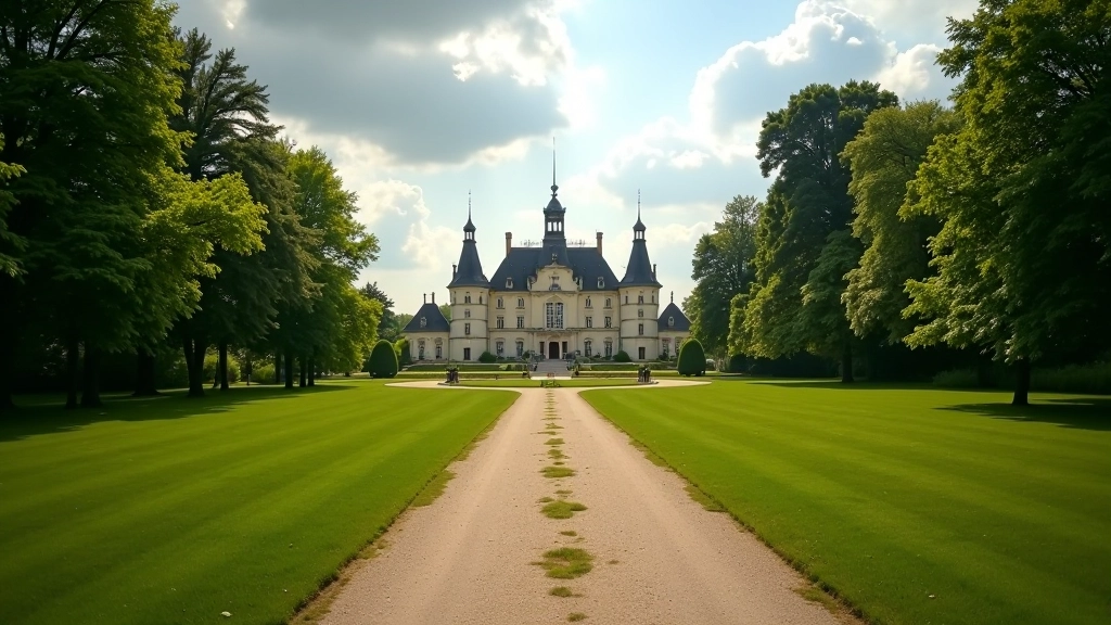 Historic castle or château with manicured grounds, tree-lined pathways, and open green meadows in a parkland setting