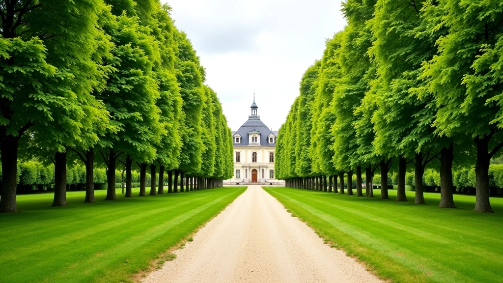 Historic castle grounds with tree-lined walkways and open meadows