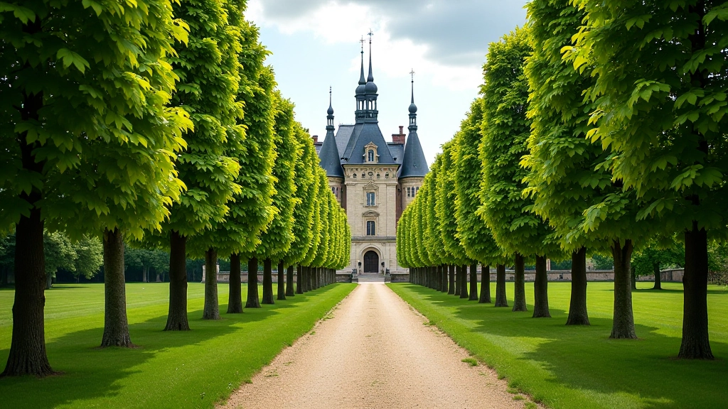 Historic castle with tree-lined pathways in park setting