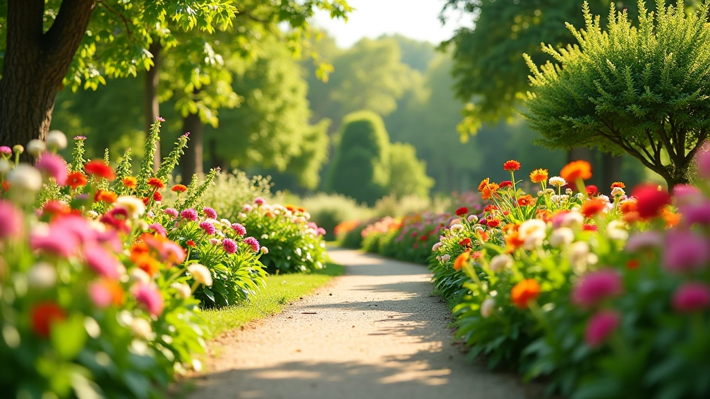 Ornamental flower gardens with walking paths and flowering plants