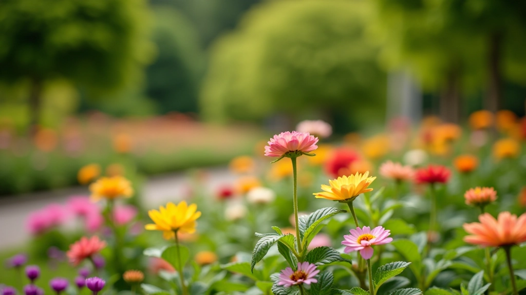 Ornamental flower gardens with colorful blooms and manicured landscaping