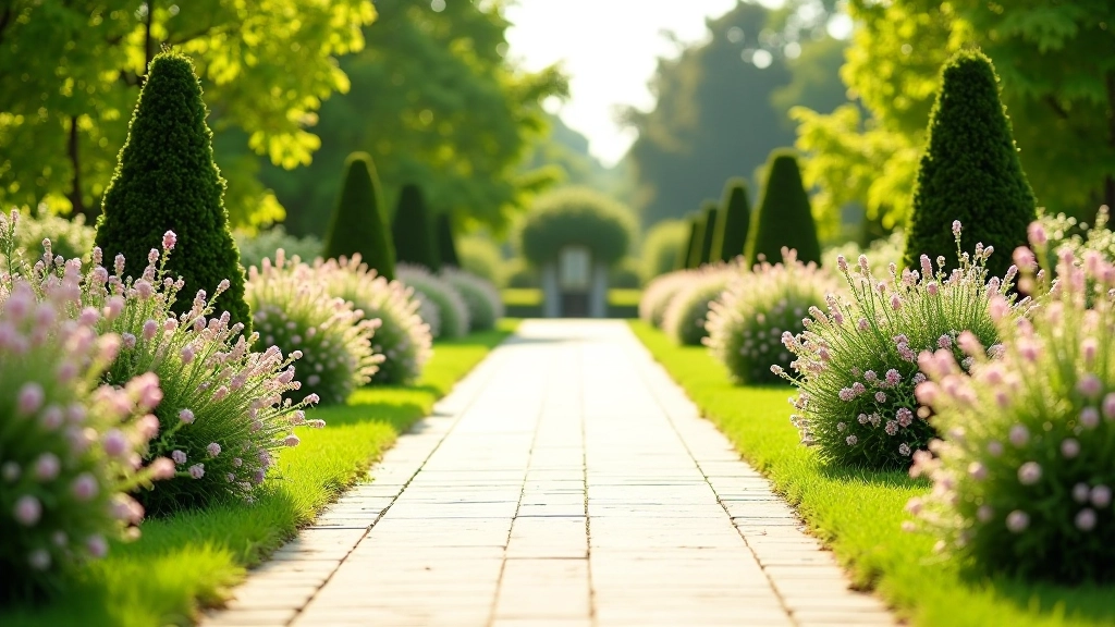 Wide stone pathway bordered by manicured hedges and blooming perennials in Kroměříž gardens