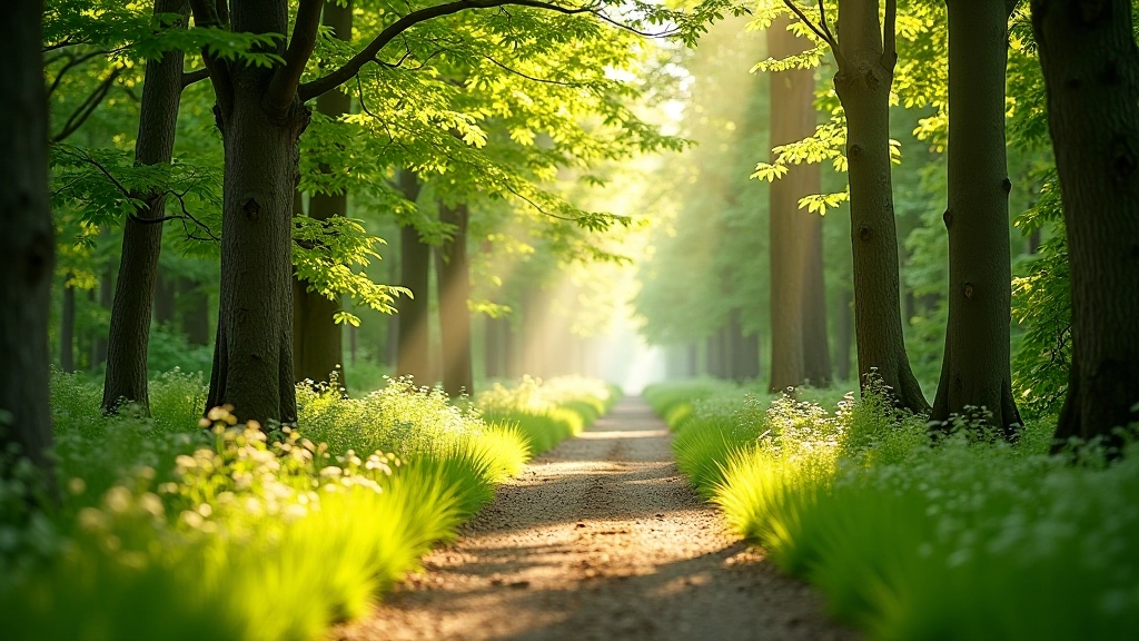 Peaceful forest trail with soft ground cover and dappled sunlight through trees