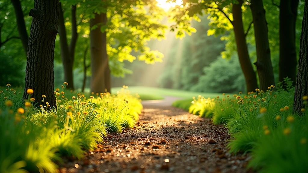 Peaceful forest trail with soft ground cover and dappled sunlight