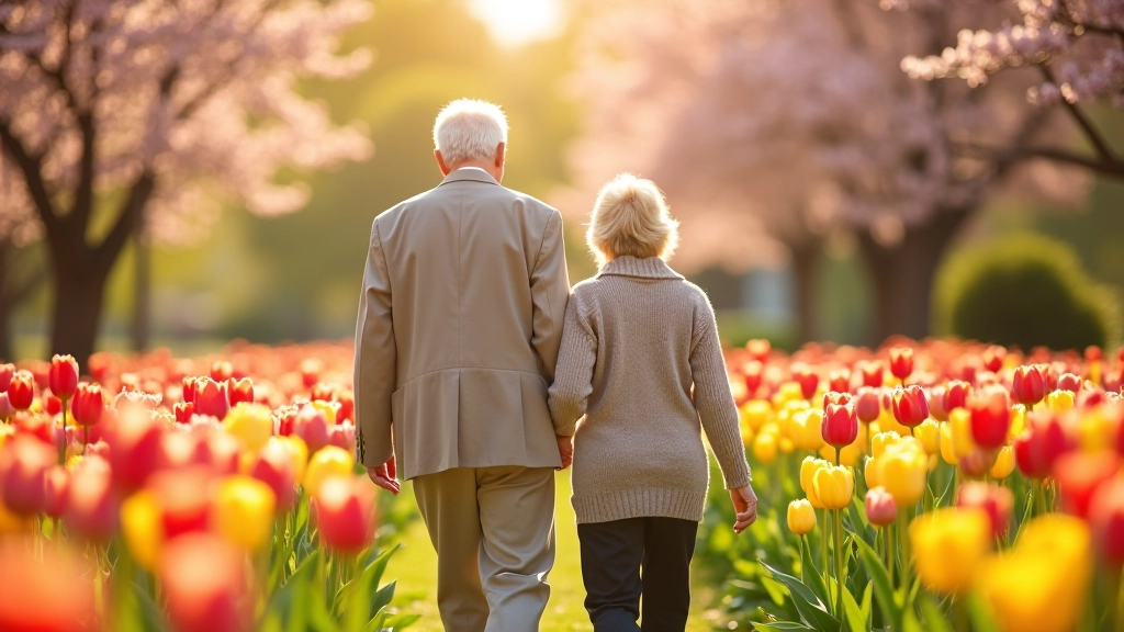 Seniors enjoying a leisurely walk through vibrant flower gardens with blooming flowers