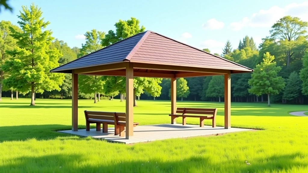Rest pavilion in the meadow section with benches and water fountain facilities