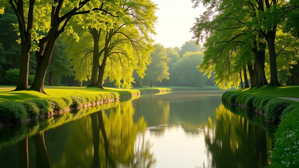 Scenic river landscape with walking path and distant trees