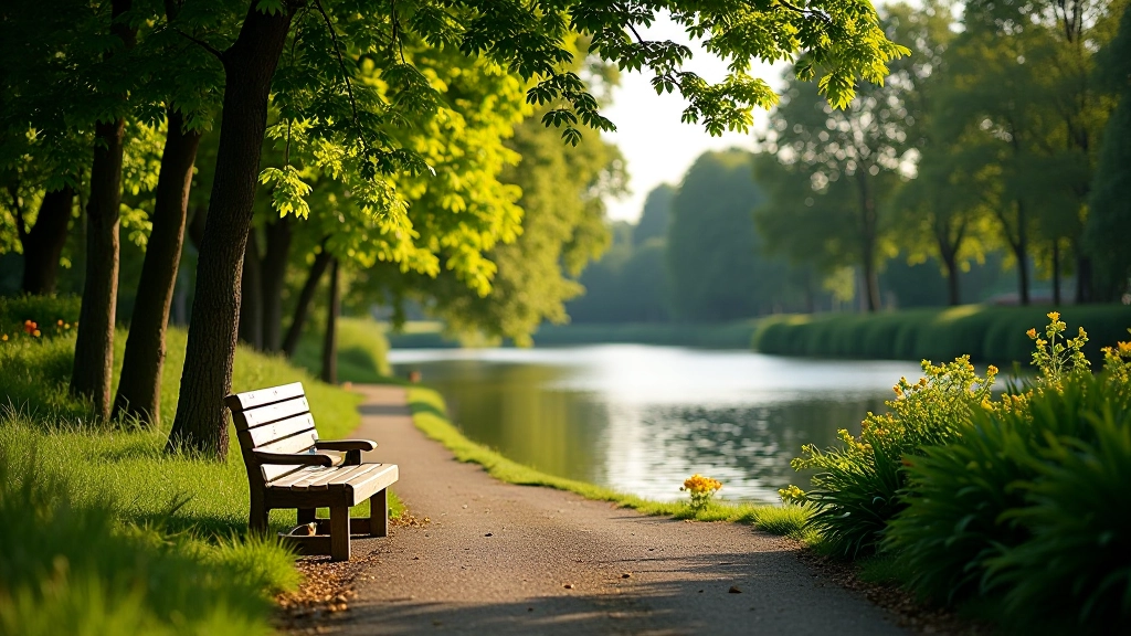 Riverside path with benches overlooking the water and tree coverage