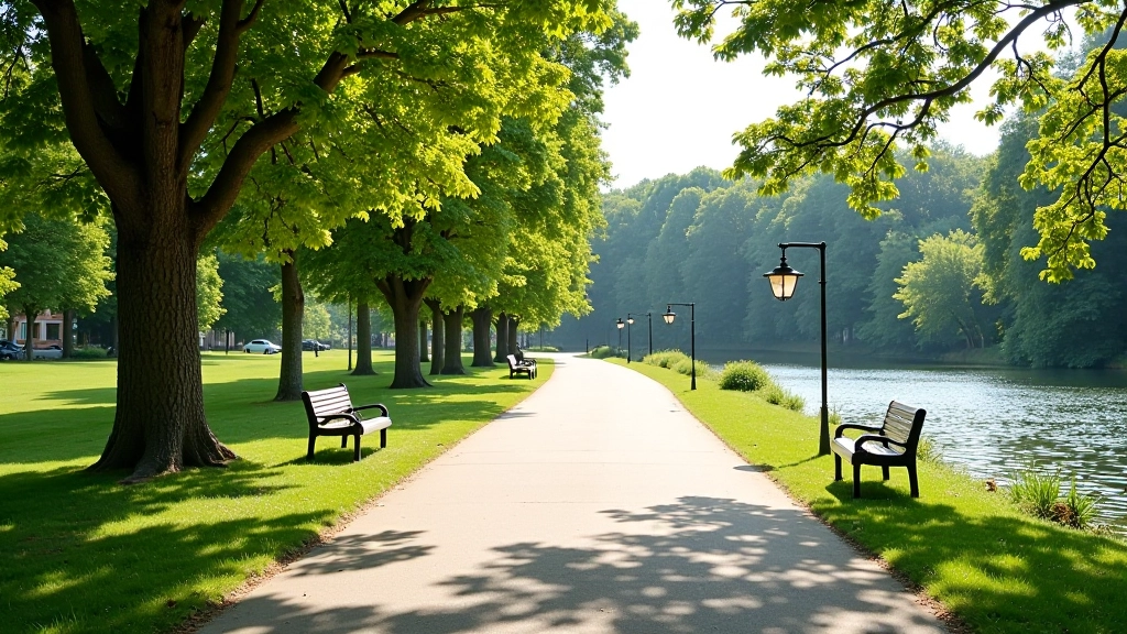 Riverside promenade with shaded seating areas and water views