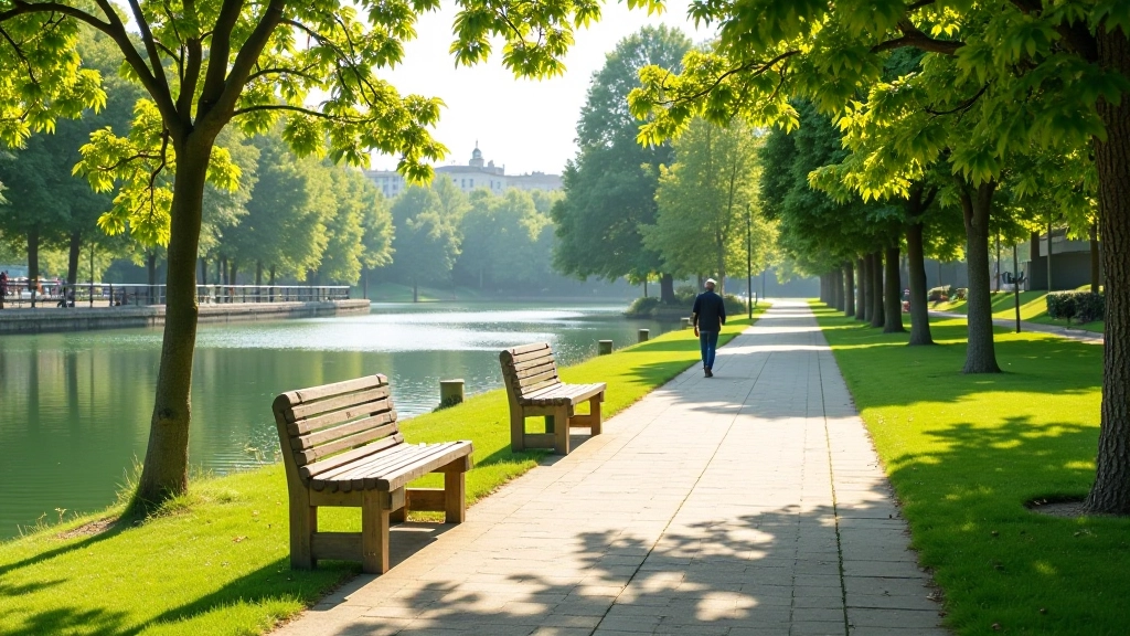 Riverside walkway with benches overlooking water and tree-lined promenade