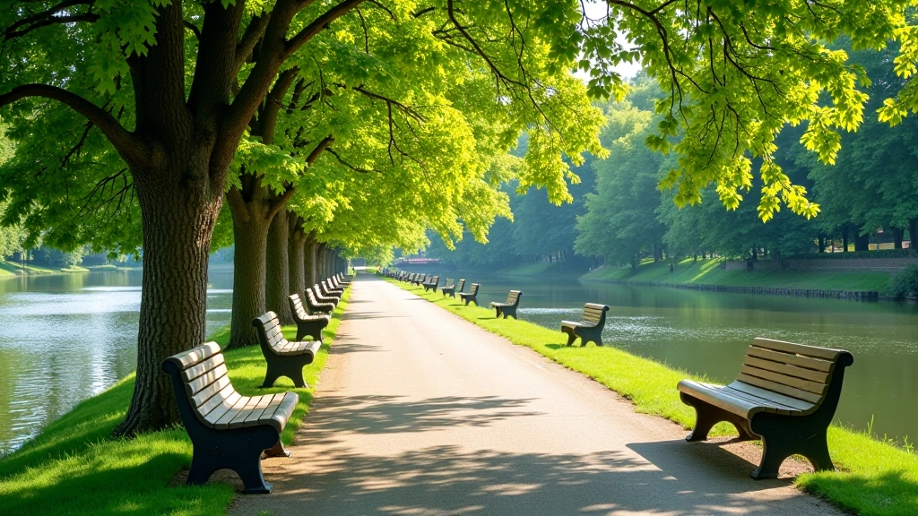 Riverside walkway with river views, wooden benches under shade trees, peaceful water scenery, multiple rest areas along the path