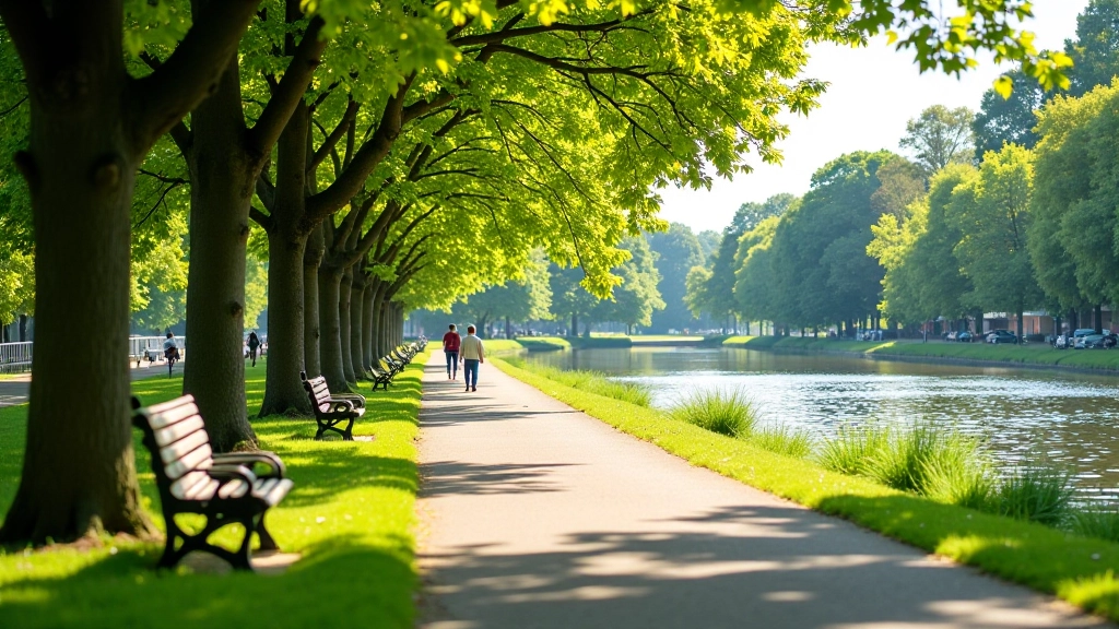 Scenic riverside promenade with shaded walking path and benches along the water
