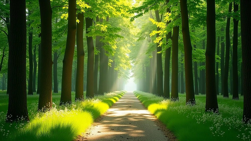 Serene forest path with tall trees and dappled sunlight filtering through green canopy, peaceful woodland setting
