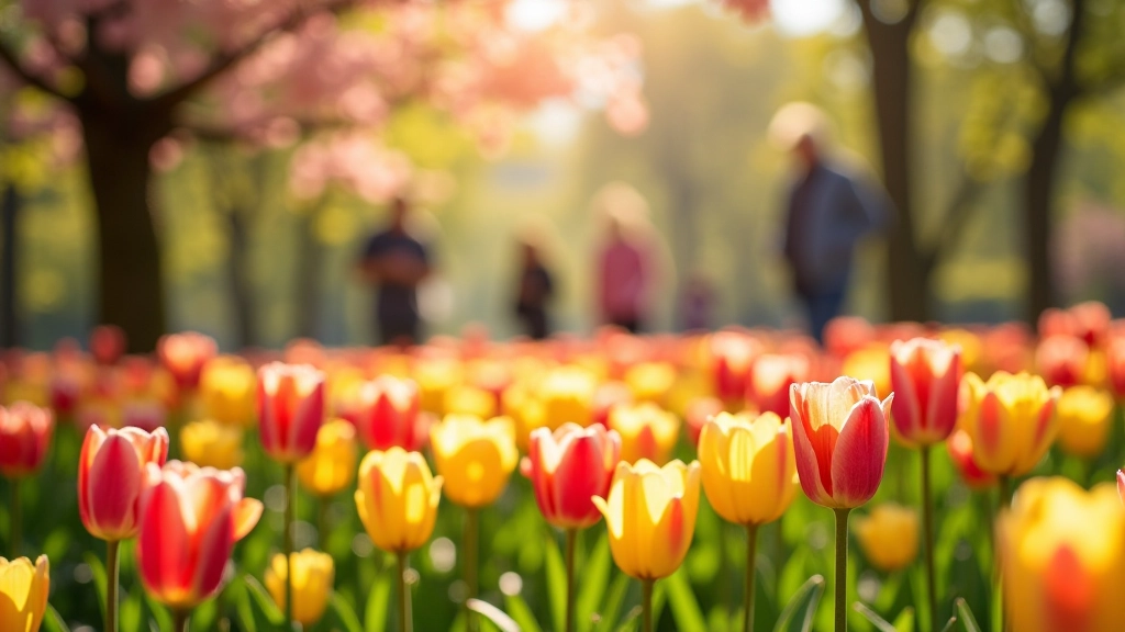 Spring tulips and cherry blossoms blooming in the formal gardens with visitors strolling
