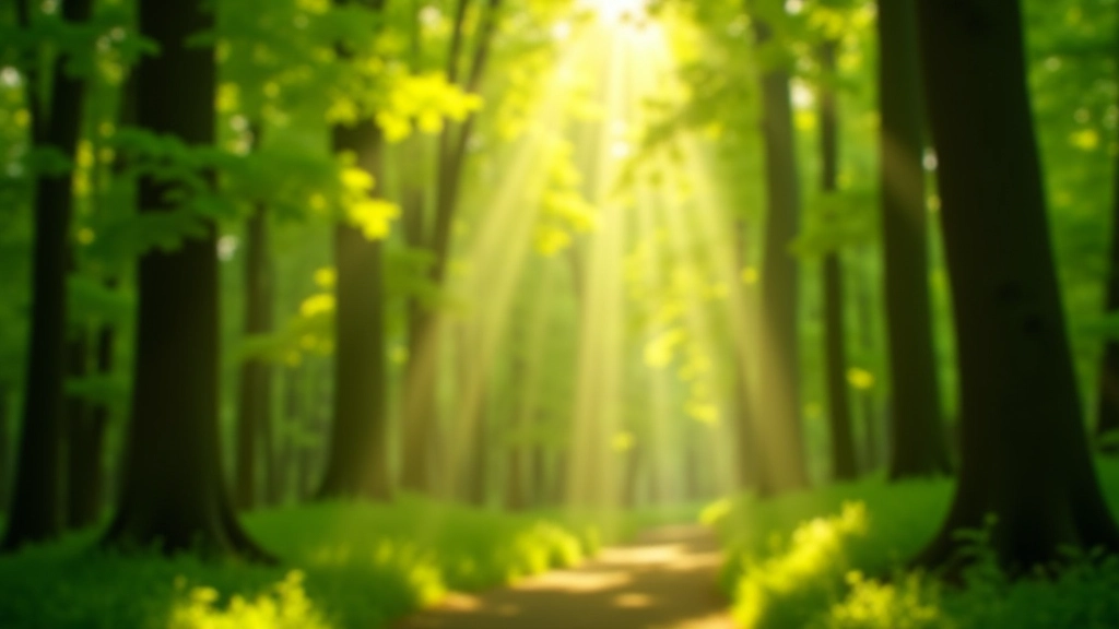 Sunlight filtering through dense green tree canopy creating dappled shadows on the forest floor, peaceful woodland ambiance