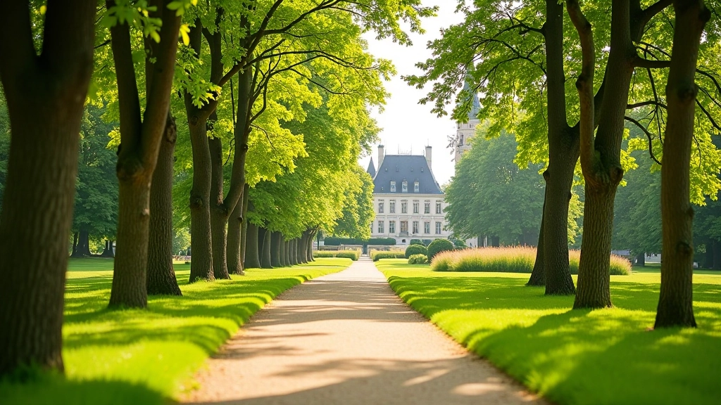 Tree-lined pathway in Château Park with historic castle visible in background