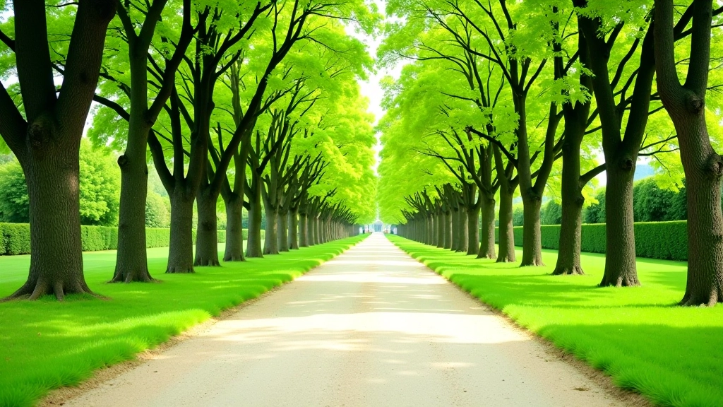 Wide tree-lined pathway through the château park with manicured lawns on both sides