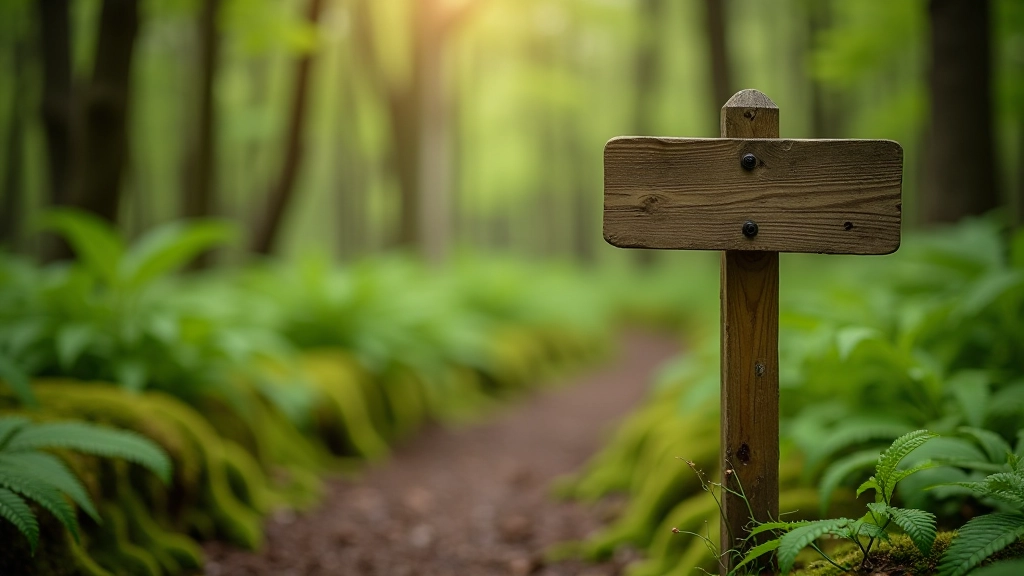 Wooden trail marker post on a forest path surrounded by green ferns and moss-covered ground, showing the way through deciduous woodland